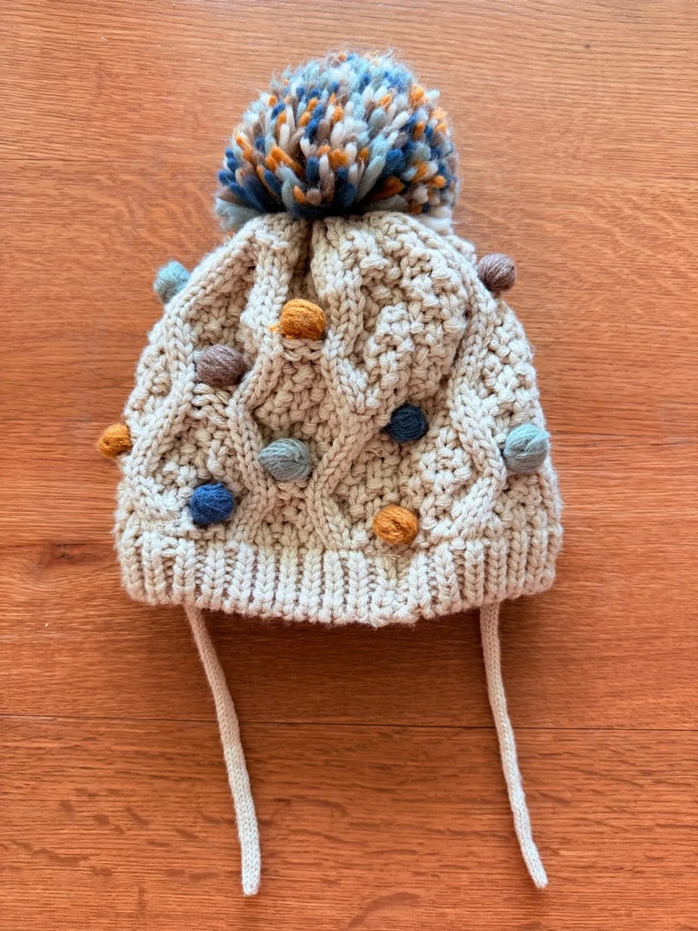 ZARA KIDS | Cream Knitted Pom Pom Beanie with Multicolor Dots